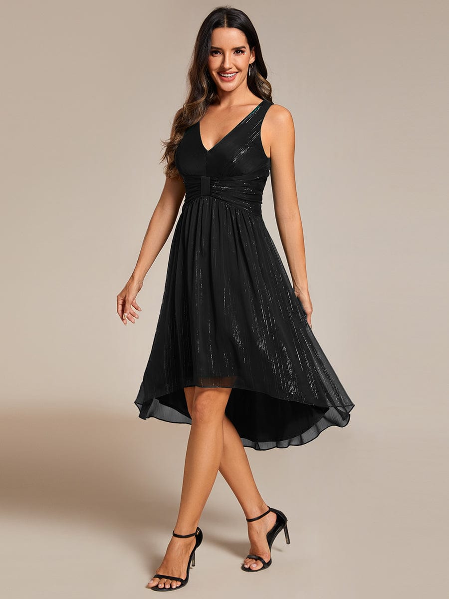 V-Neck High-Low Glitter Sleeveless Wedding Guest Dress with Pleated #color_Black