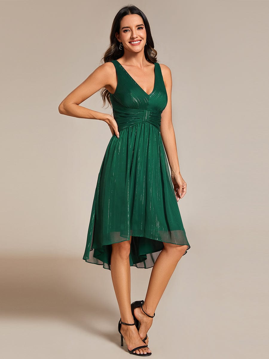 V-Neck High-Low Glitter Sleeveless Wedding Guest Dress with Pleated #color_Dark Green