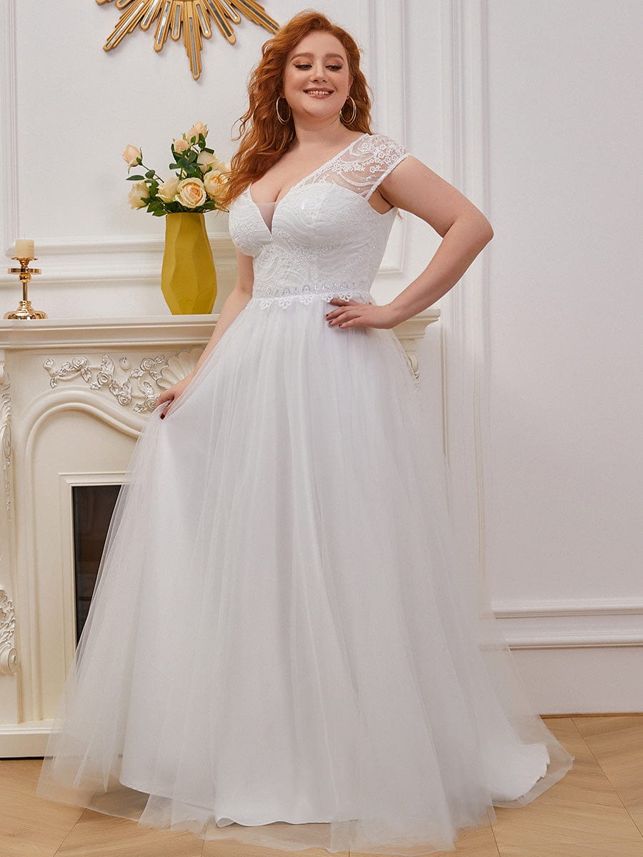 Elegant Cap Sleeves V-Neck Applique A-Line Wedding Dress #color_Cream Custom Size Sheer Cap Sleeves Embroidery Wedding Dress