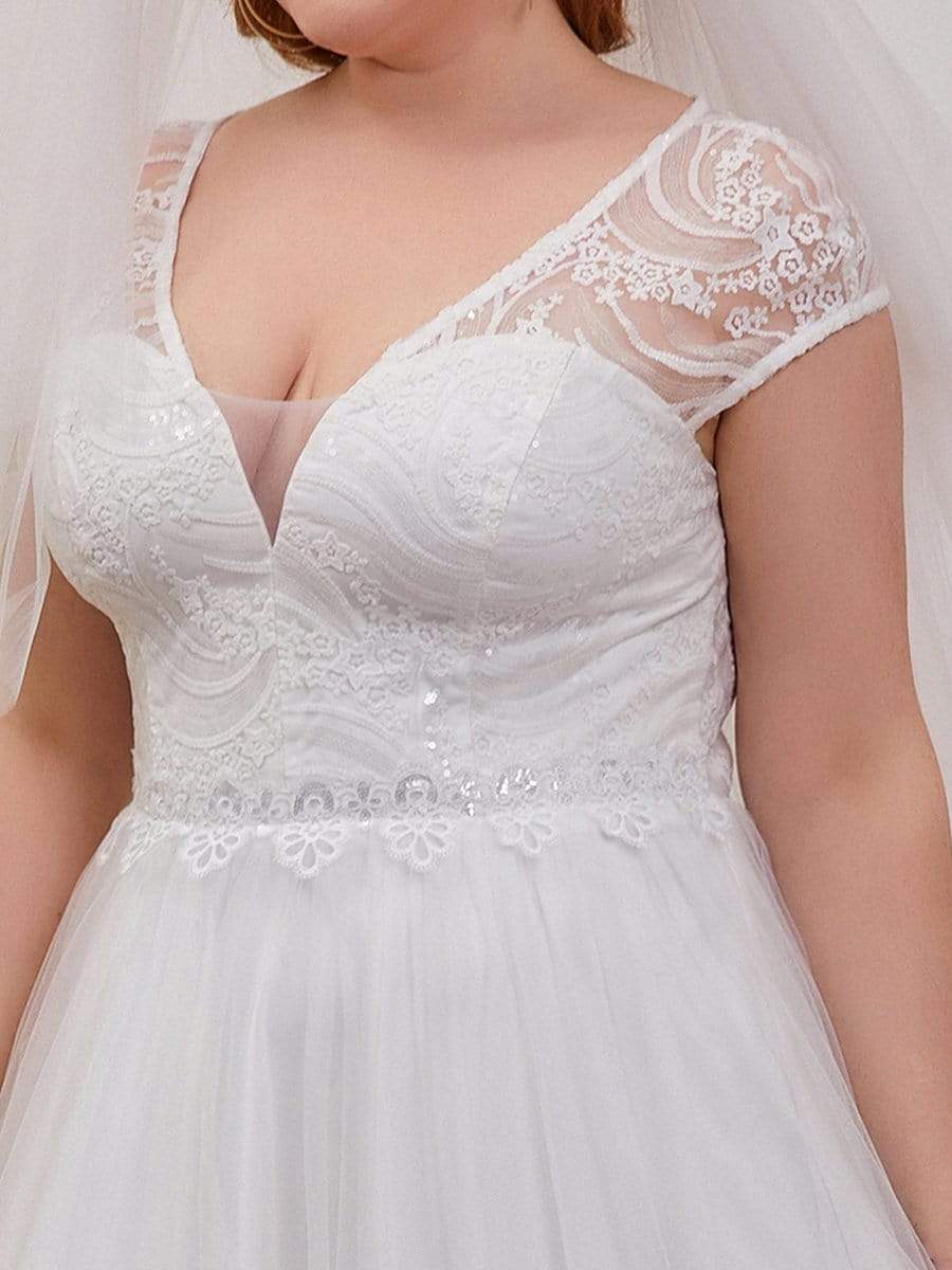 Elegant Cap Sleeves V-Neck Applique A-Line Wedding Dress #color_Cream Custom Size Sheer Cap Sleeves Embroidery Wedding Dress