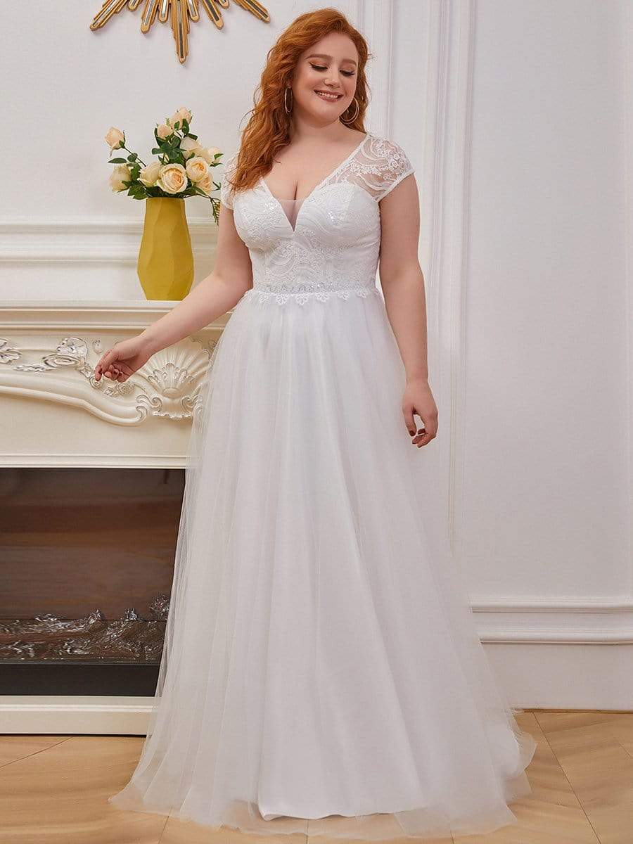 Elegant Cap Sleeves V-Neck Applique A-Line Wedding Dress #color_Cream Custom Size Sheer Cap Sleeves Embroidery Wedding Dress