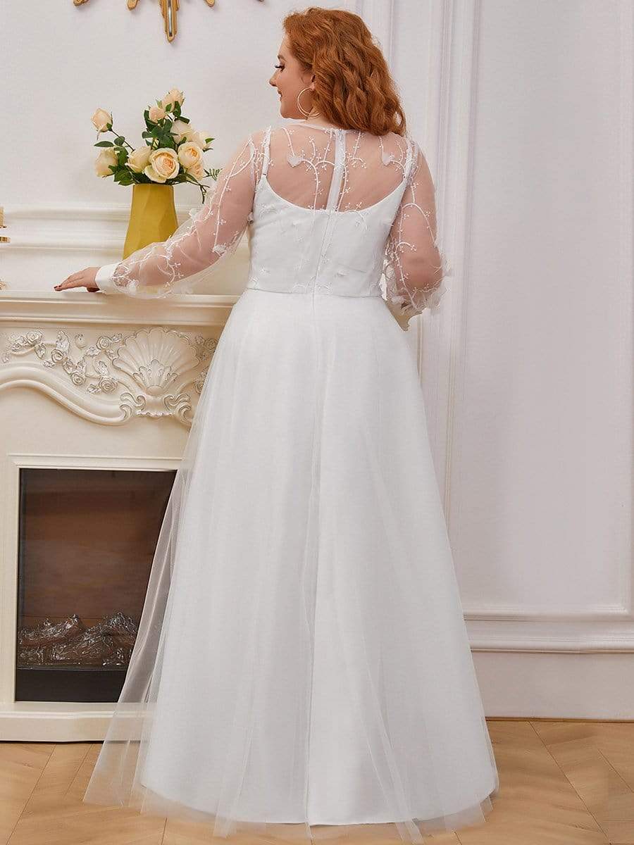 Color=Cream | Plus-Size Sheer Bodice Long Sleeves Causal Wedding Dress-Cream 1 Color=Cream | Plus-Size Sheer Bodice Long Sleeves Causal Wedding Dress-Cream 3