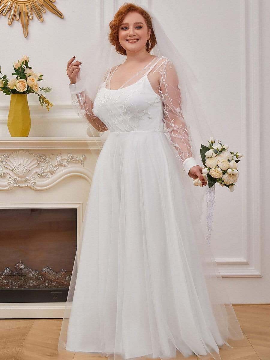 Color=Cream | Plus-Size Sheer Bodice Long Sleeves Causal Wedding Dress-Cream 1