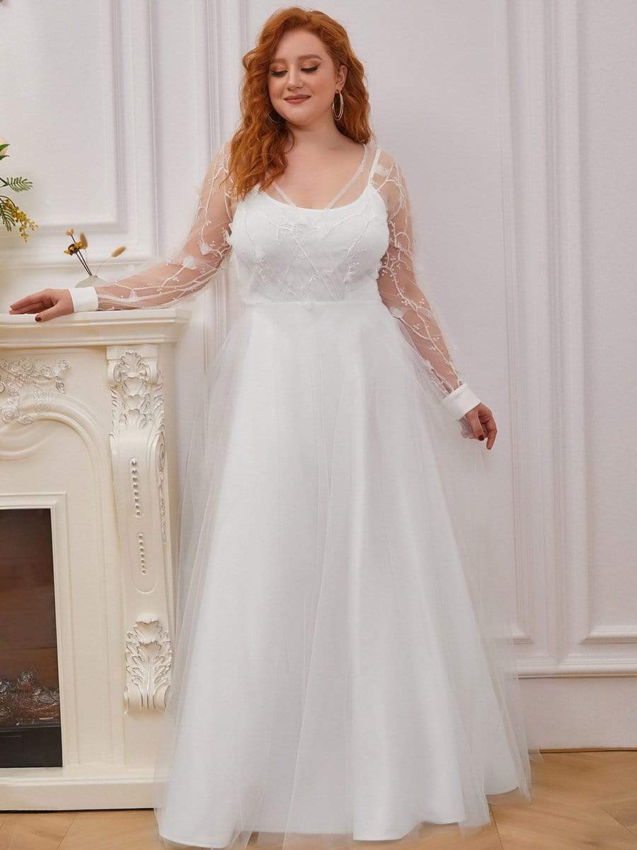Color=Cream | Plus-Size Sheer Bodice Long Sleeves Causal Wedding Dress-Cream 1 Color=Cream | Plus-Size Sheer Bodice Long Sleeves Causal Wedding Dress-Cream 4