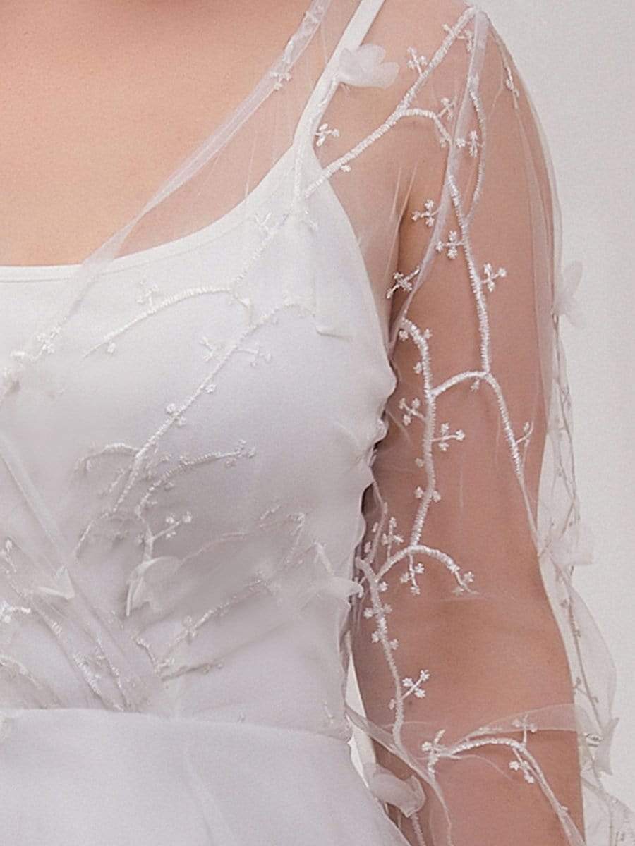 Color=Cream | Plus-Size Sheer Bodice Long Sleeves Causal Wedding Dress-Cream 1 Color=Cream | Plus-Size Sheer Bodice Long Sleeves Causal Wedding Dress-Cream 5