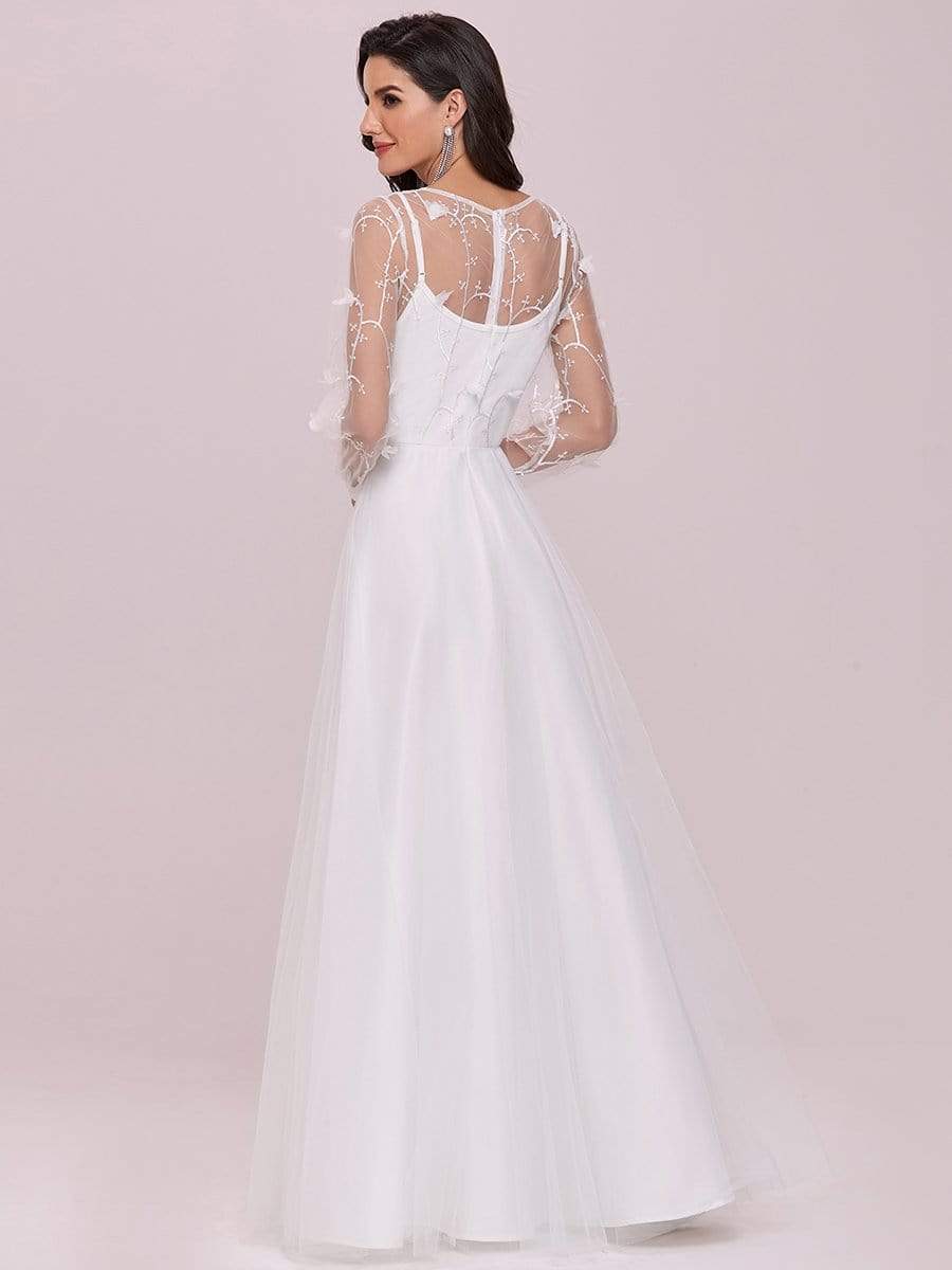 Color=Cream | Romantic Sheer Bodice Lantern Sleeve Causal Wedding Dress-Cream 7 Color=Cream | Romantic Sheer Bodice Lantern Sleeve Causal Wedding Dress-Cream 2