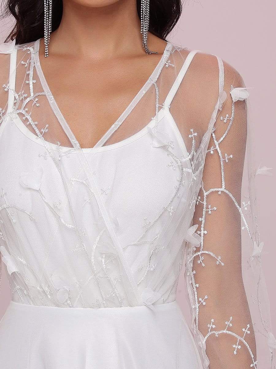 Color=Cream | Romantic Sheer Bodice Lantern Sleeve Causal Wedding Dress-Cream 7 Color=Cream | Romantic Sheer Bodice Lantern Sleeve Causal Wedding Dress-Cream 6