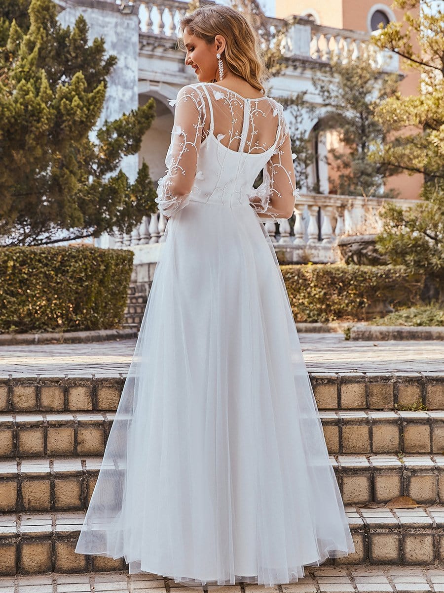 Color=Cream | Romantic Sheer Bodice Lantern Sleeve Causal Wedding Dress-Cream 7 Color=Cream | Romantic Sheer Bodice Lantern Sleeve Causal Wedding Dress-Cream 8