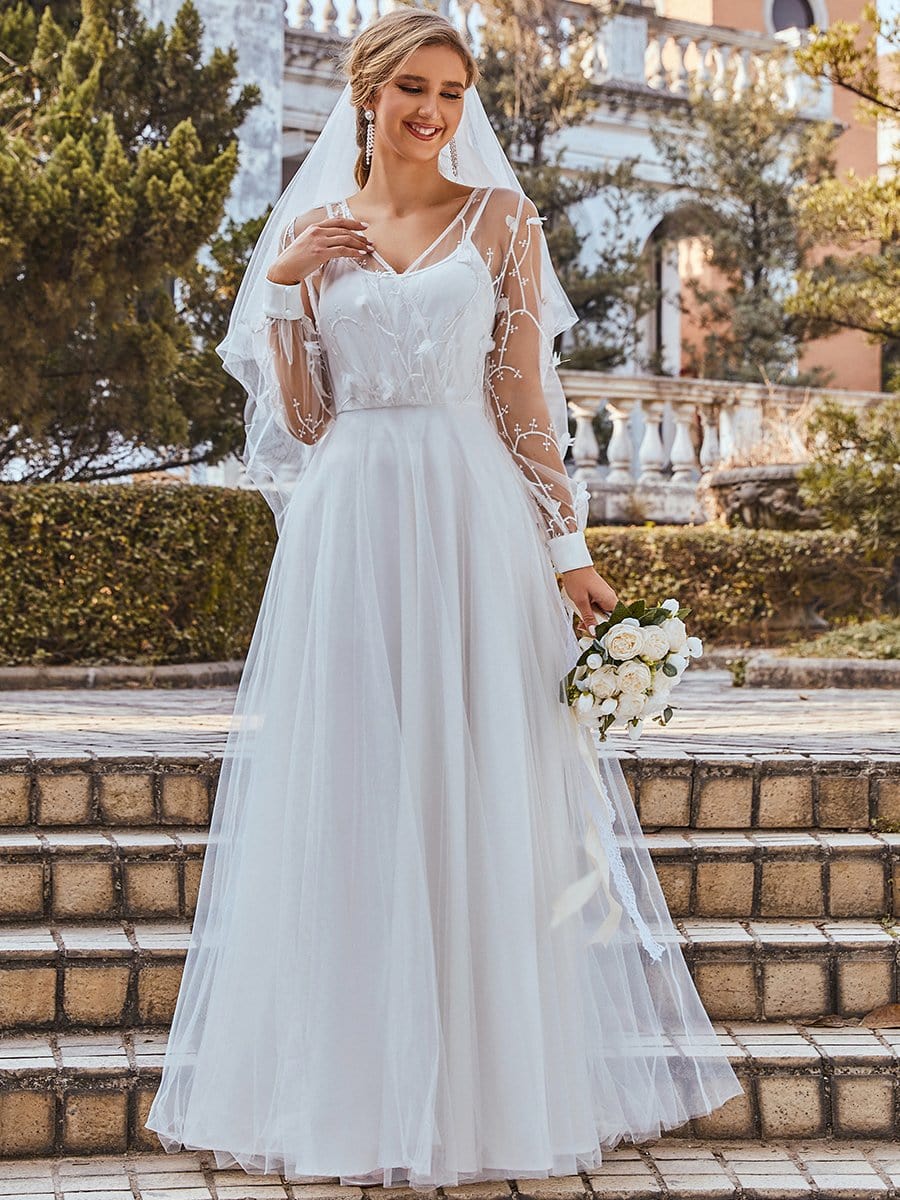 Color=Cream | Romantic Sheer Bodice Lantern Sleeve Causal Wedding Dress-Cream 7 Color=Cream | Romantic Sheer Bodice Lantern Sleeve Causal Wedding Dress-Cream 7