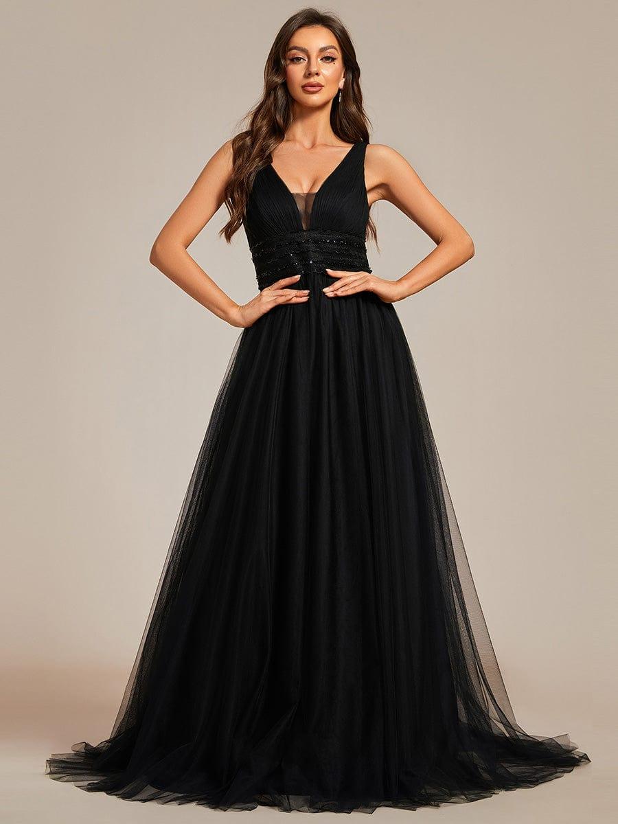 Vintage Sleeveless Lace Sheer Empire Waist A-Line Wedding Dress #color_Black