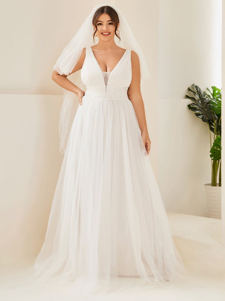 Plus Size Empire Waist Sleeveless Lace Sheer A-Line Wedding Dress #color_Ivory