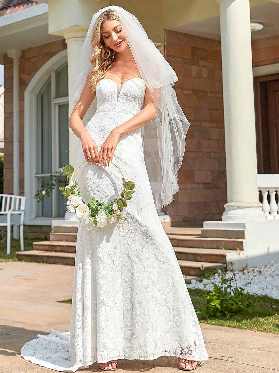 Elegant Strapless Lace Fit and Flare Causal Wedding Dress #color_White Elegant Strapless Lace Fit and Flare Causal Wedding Dress