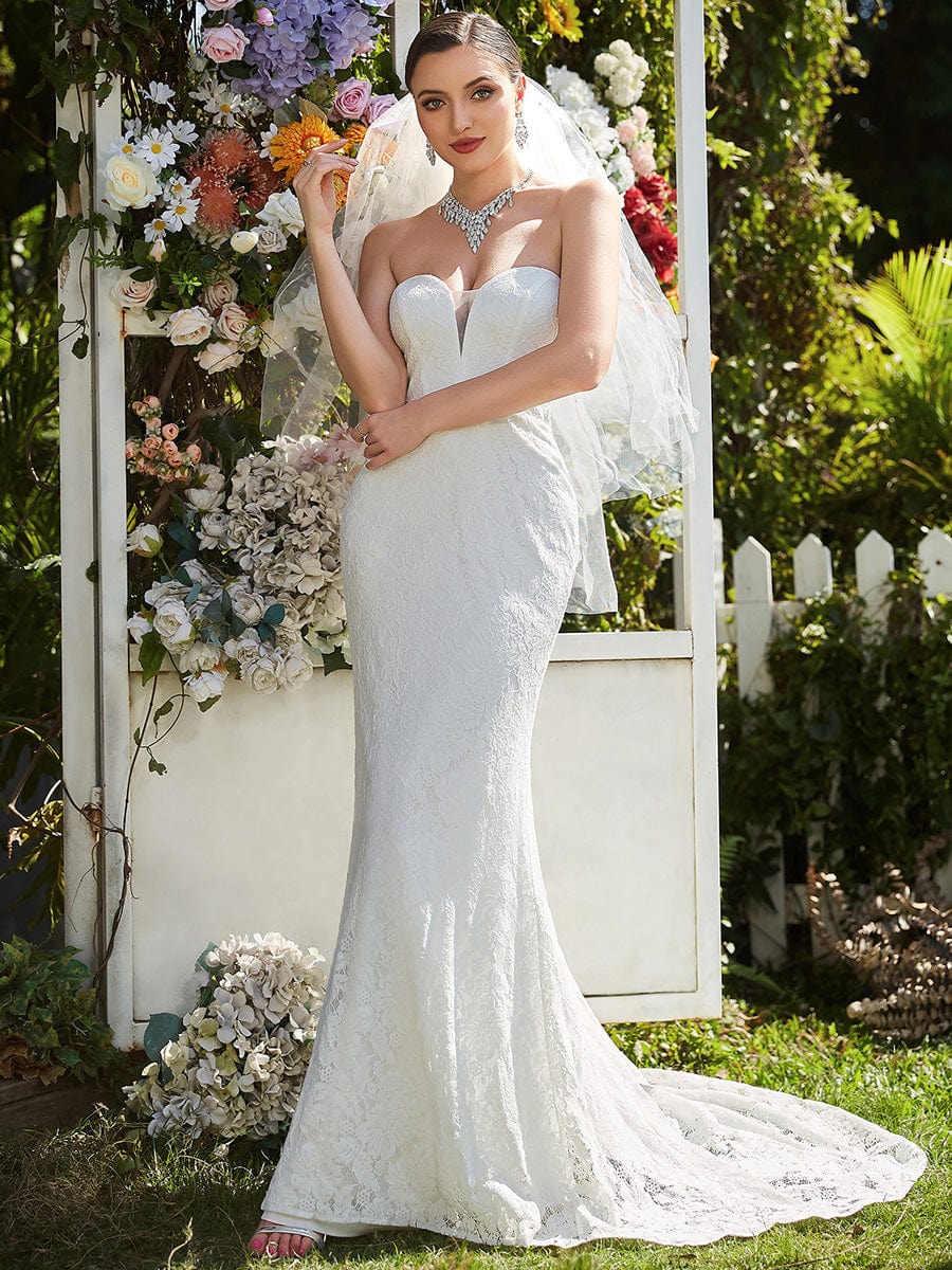 Elegant Strapless Lace Fit and Flare Causal Wedding Dress #color_White Elegant Strapless Lace Fit and Flare Causal Wedding Dress