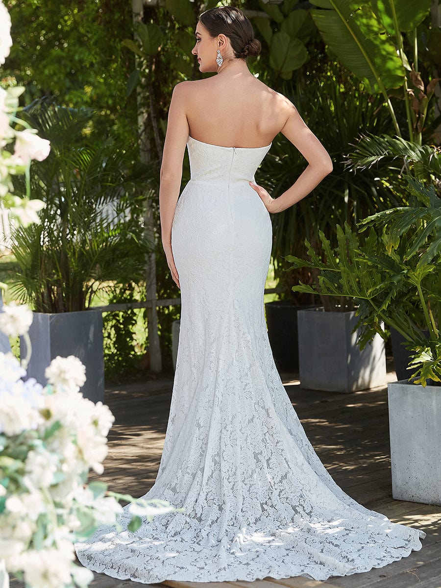 Elegant Strapless Lace Fit and Flare Causal Wedding Dress #color_White Elegant Strapless Lace Fit and Flare Causal Wedding Dress