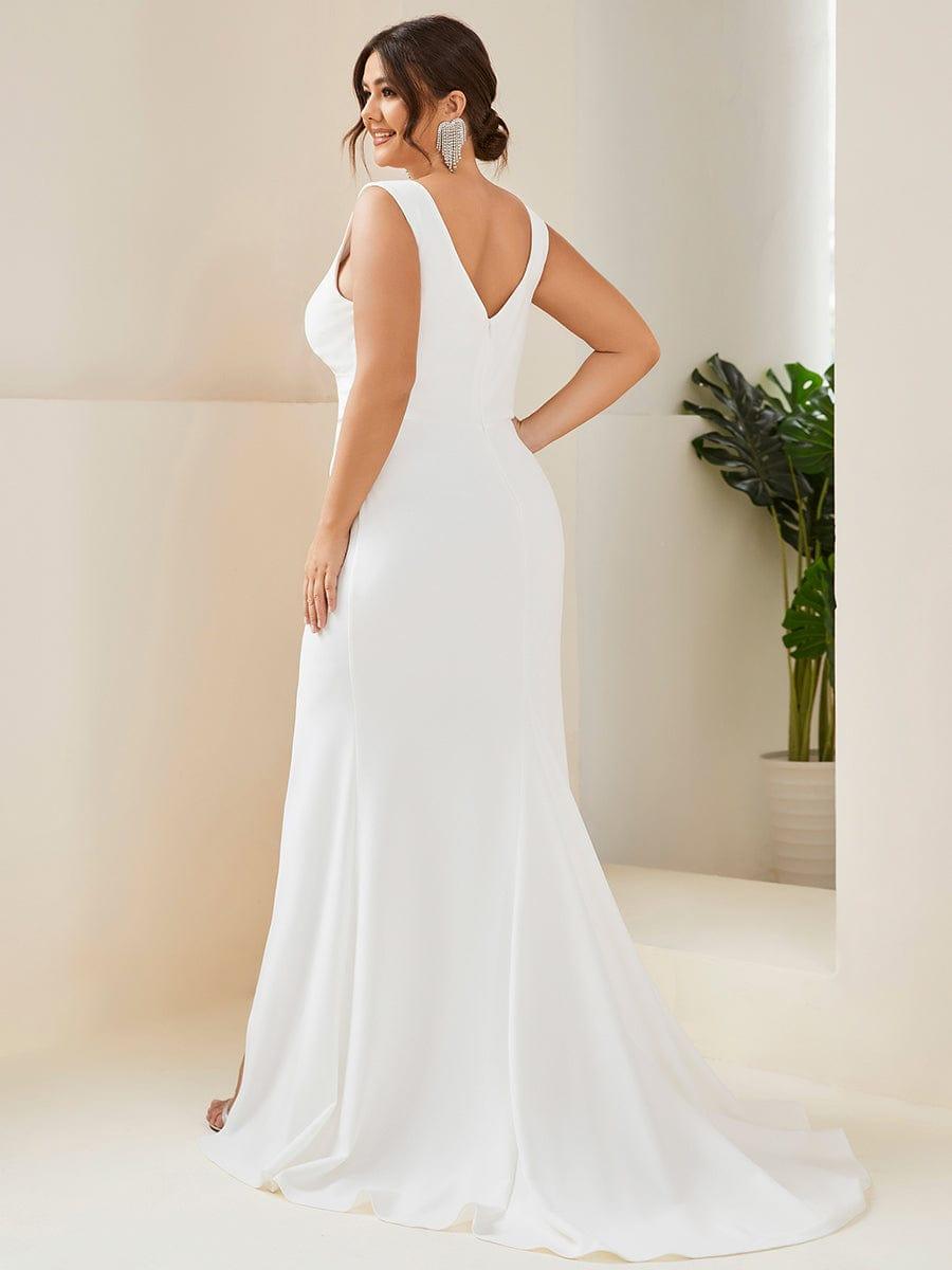 Plus Size Deep V-Neck Sleeveless High Slid Simple Wedding Dress #color_White Plus Size Deep V-Neck Sleeveless High Slid Simple Wedding Dress