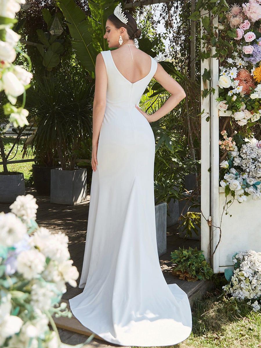 Ruched Bodycon Deep V-Neck Sleeveless Simple Wedding Dress #color_White Ruched Bodycon Deep V-Neck Sleeveless Simple Wedding Dress