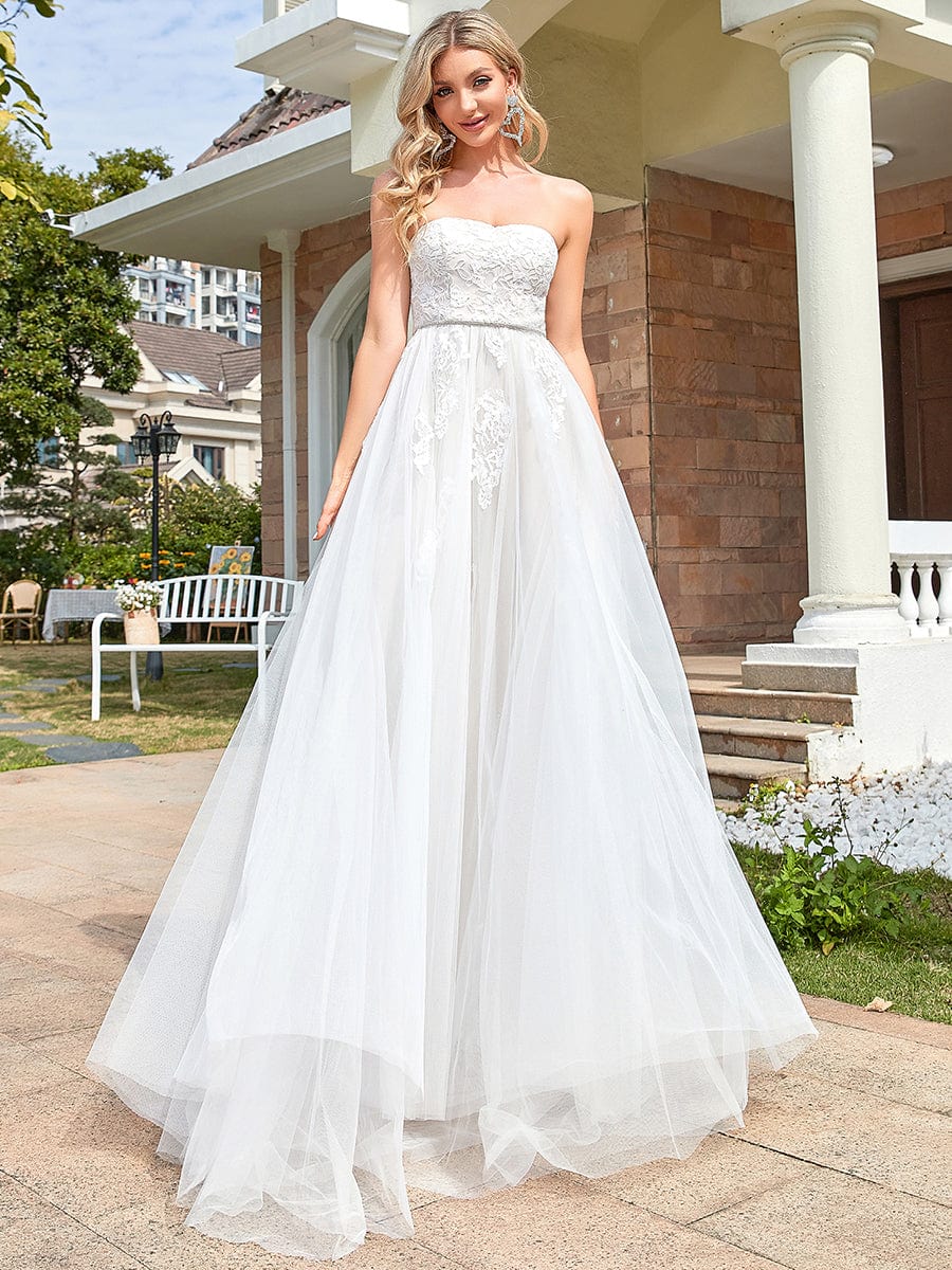 Lace Sweetheart Strapless Tulle Belted A-line Wedding Dress #color_Ivory Lace Sweetheart Strapless Tulle Belted A-line Wedding Dress
