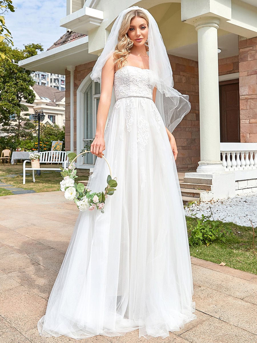 Lace Sweetheart Strapless Tulle Belted A-line Wedding Dress #color_Ivory Lace Sweetheart Strapless Tulle Belted A-line Wedding Dress