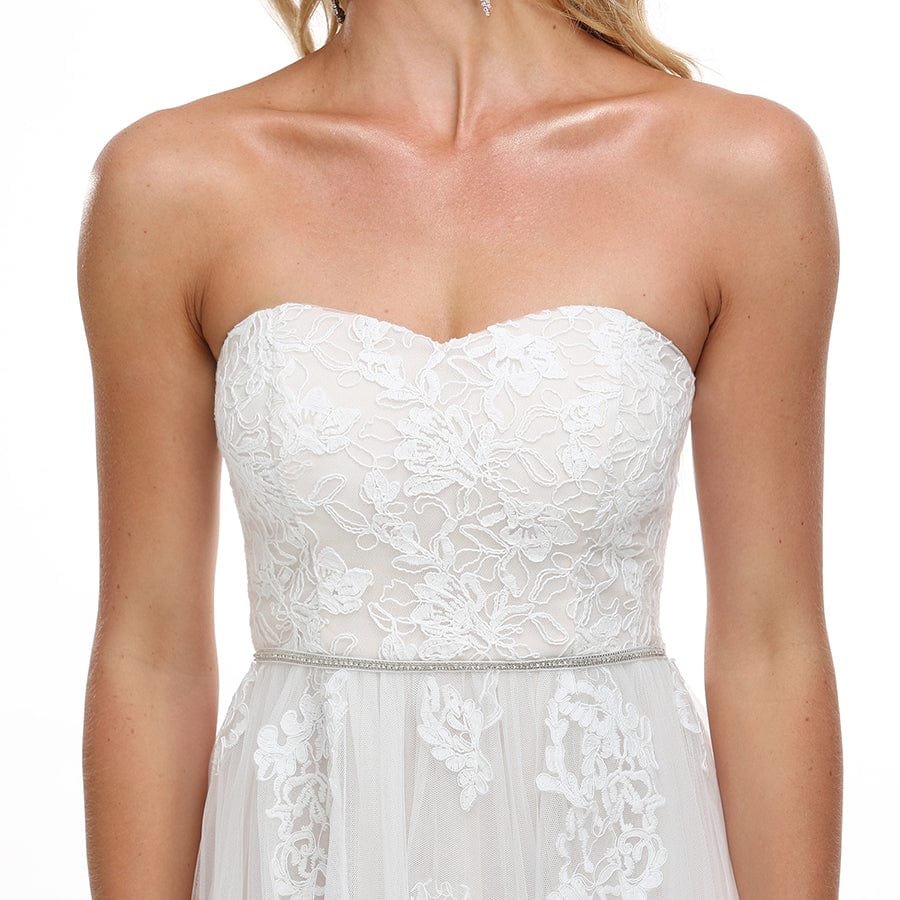 Lace Sweetheart Strapless Tulle Belted A-line Wedding Dress #color_Ivory Lace Sweetheart Strapless Tulle Belted A-line Wedding Dress