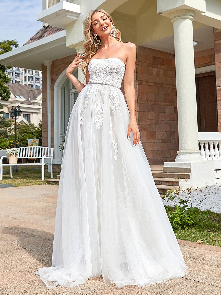 Lace Sweetheart Strapless Tulle Belted A-line Wedding Dress #color_Ivory Lace Sweetheart Strapless Tulle Belted A-line Wedding Dress