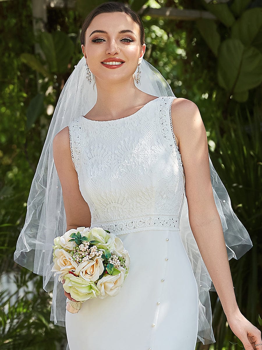 Sleeveless Floral Lace High Neck Side Slit Fishtail Wedding Dress #Color_White Sleeveless Floral Lace High Neck Side Slit Casual Wedding Dress