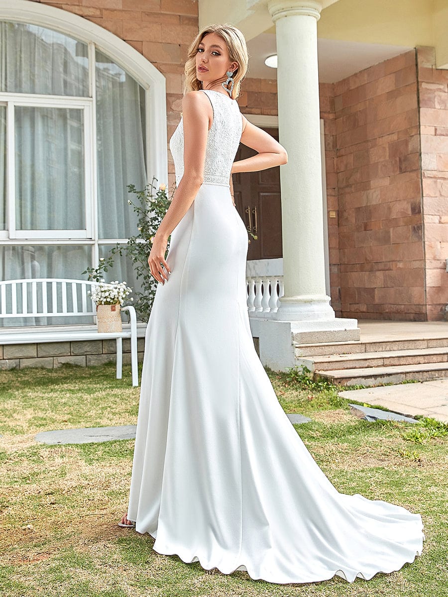 Sleeveless Floral Lace High Neck Side Slit Fishtail Wedding Dress #Color_White Sleeveless Floral Lace High Neck Side Slit Casual Wedding Dress