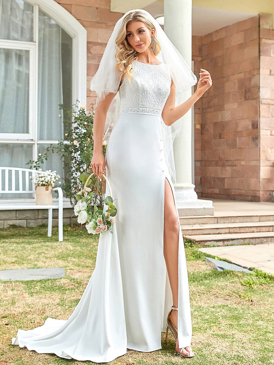 Sleeveless Floral Lace High Neck Side Slit Fishtail Wedding Dress #Color_White Sleeveless Floral Lace High Neck Side Slit Casual Wedding Dress