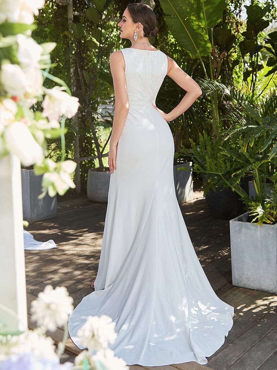 Sleeveless Floral Lace High Neck Side Slit Fishtail Wedding Dress #Color_White Sleeveless Floral Lace High Neck Side Slit Casual Wedding Dress