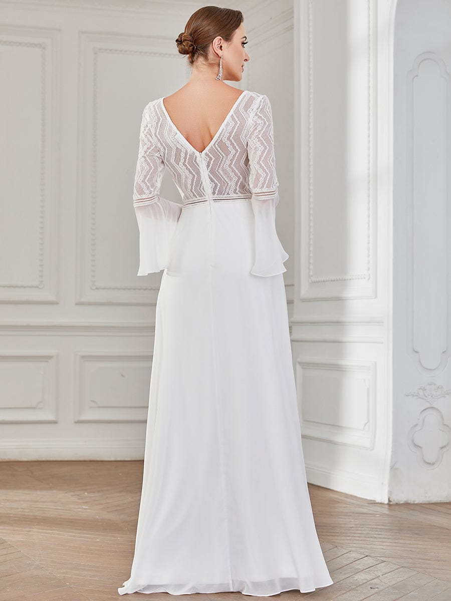 Bell Sleeve Chevron Lace V-Neck A-Line Wedding Dress #Color_White Bell Sleeve Chevron Lace V-Neck A-Line Wedding Dress