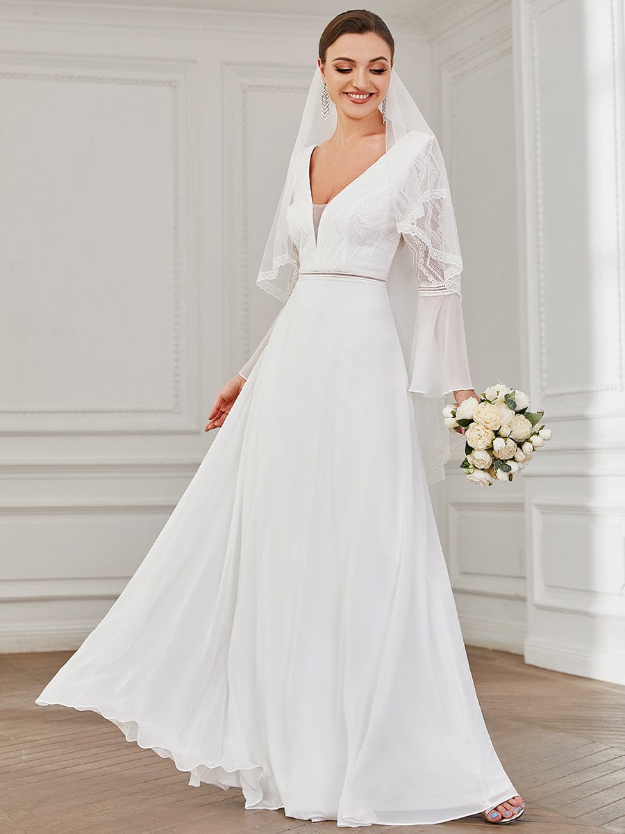 Bell Sleeve Chevron Lace V-Neck A-Line Wedding Dress #Color_White Bell Sleeve Chevron Lace V-Neck A-Line Wedding Dress
