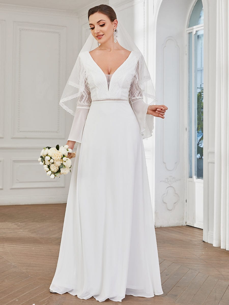 Bell Sleeve Chevron Lace V-Neck A-Line Wedding Dress #Color_White Bell Sleeve Chevron Lace V-Neck A-Line Wedding Dress