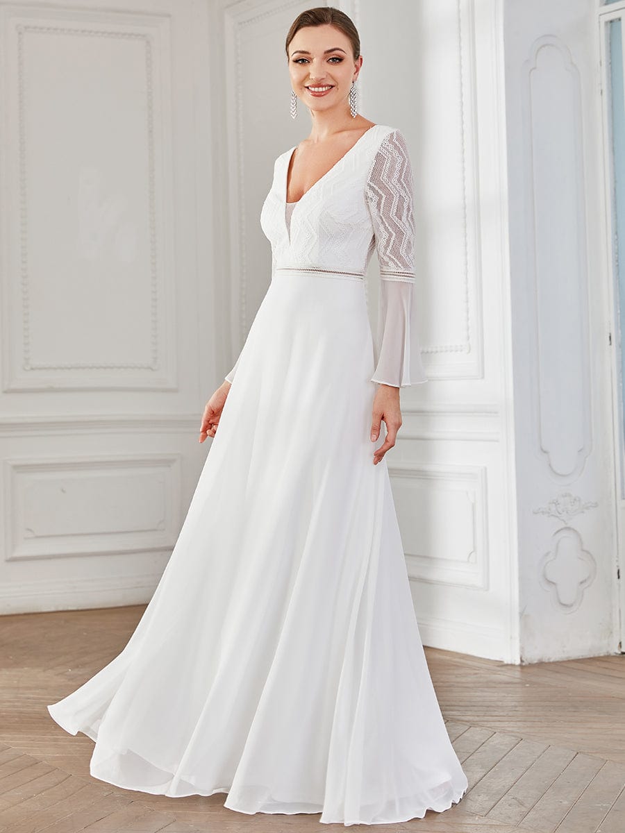 Bell Sleeve Chevron Lace V-Neck A-Line Wedding Dress #Color_White Bell Sleeve Chevron Lace V-Neck A-Line Wedding Dress
