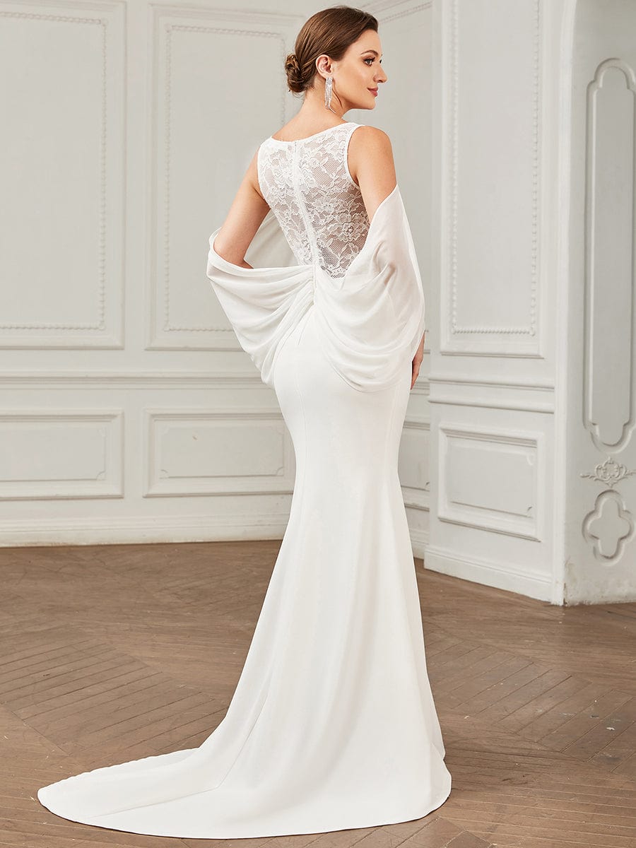 Chiffon Cold Shoulder Draped Sleeve Lace Fishtail Wedding Dress #Color_White Chiffon Cold Shoulder Draped Sleeve Lace Fishtail Wedding Dress