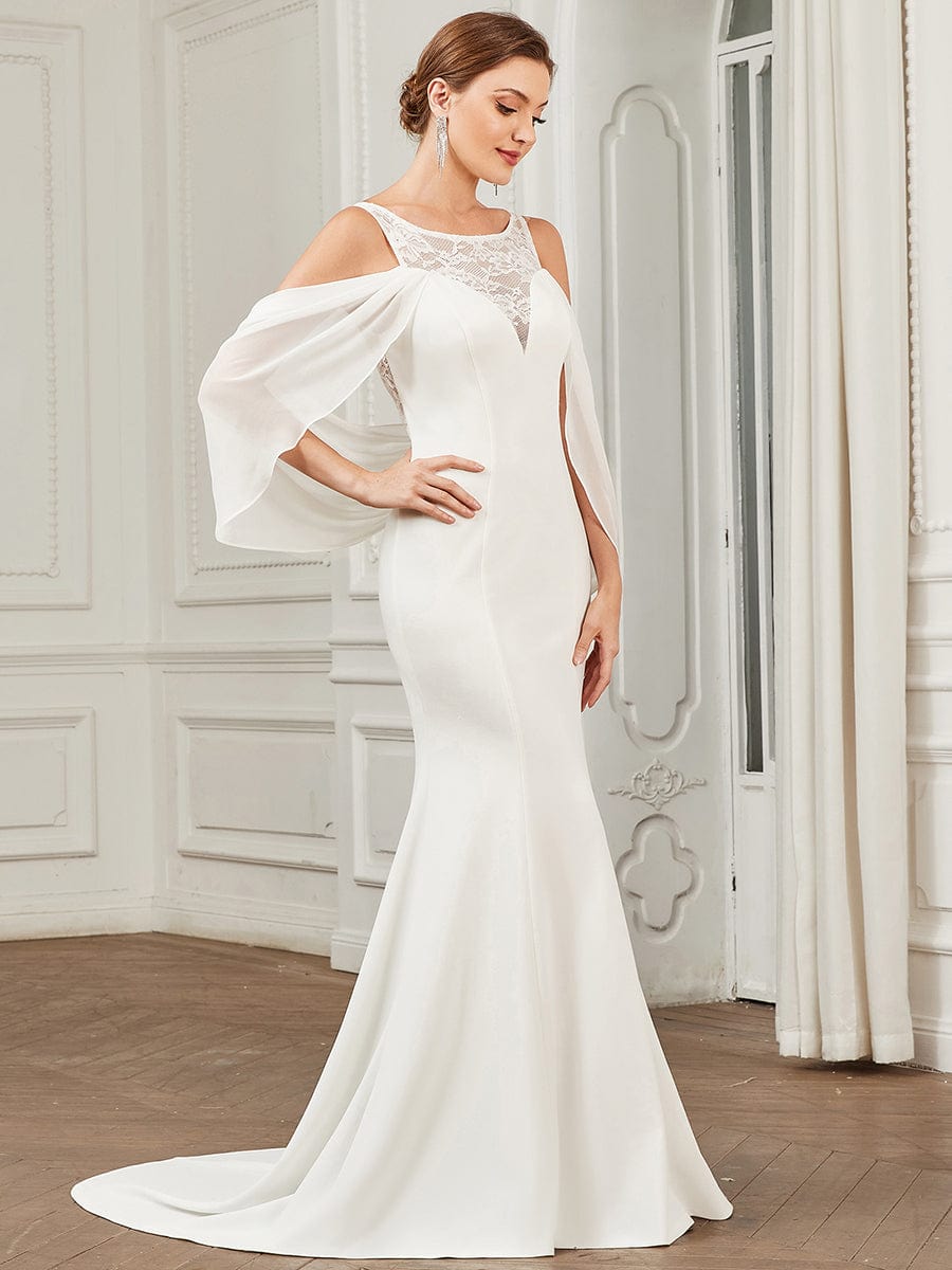 Chiffon Cold Shoulder Draped Sleeve Lace Fishtail Wedding Dress #Color_White Chiffon Cold Shoulder Draped Sleeve Lace Fishtail Wedding Dress