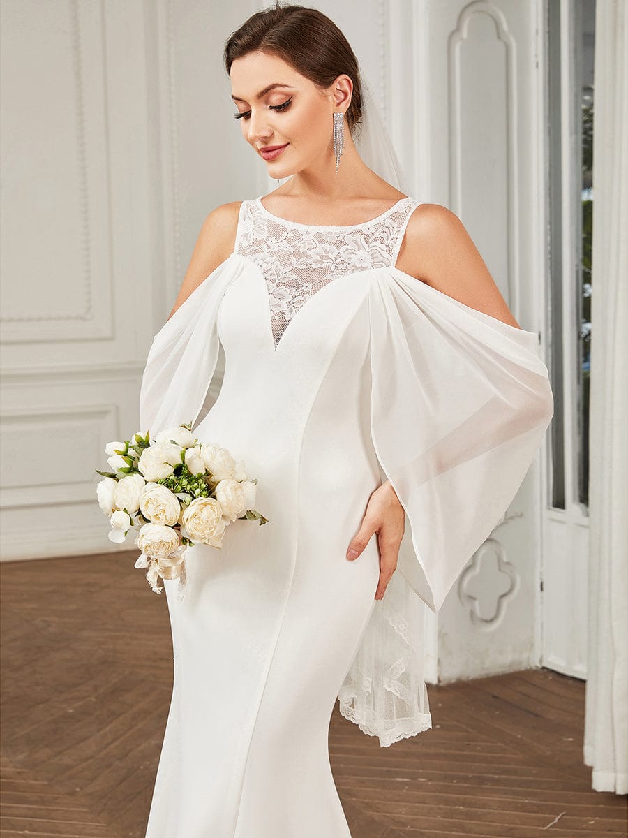 Chiffon Cold Shoulder Draped Sleeve Lace Fishtail Wedding Dress #Color_White Chiffon Cold Shoulder Draped Sleeve Lace Fishtail Wedding Dress