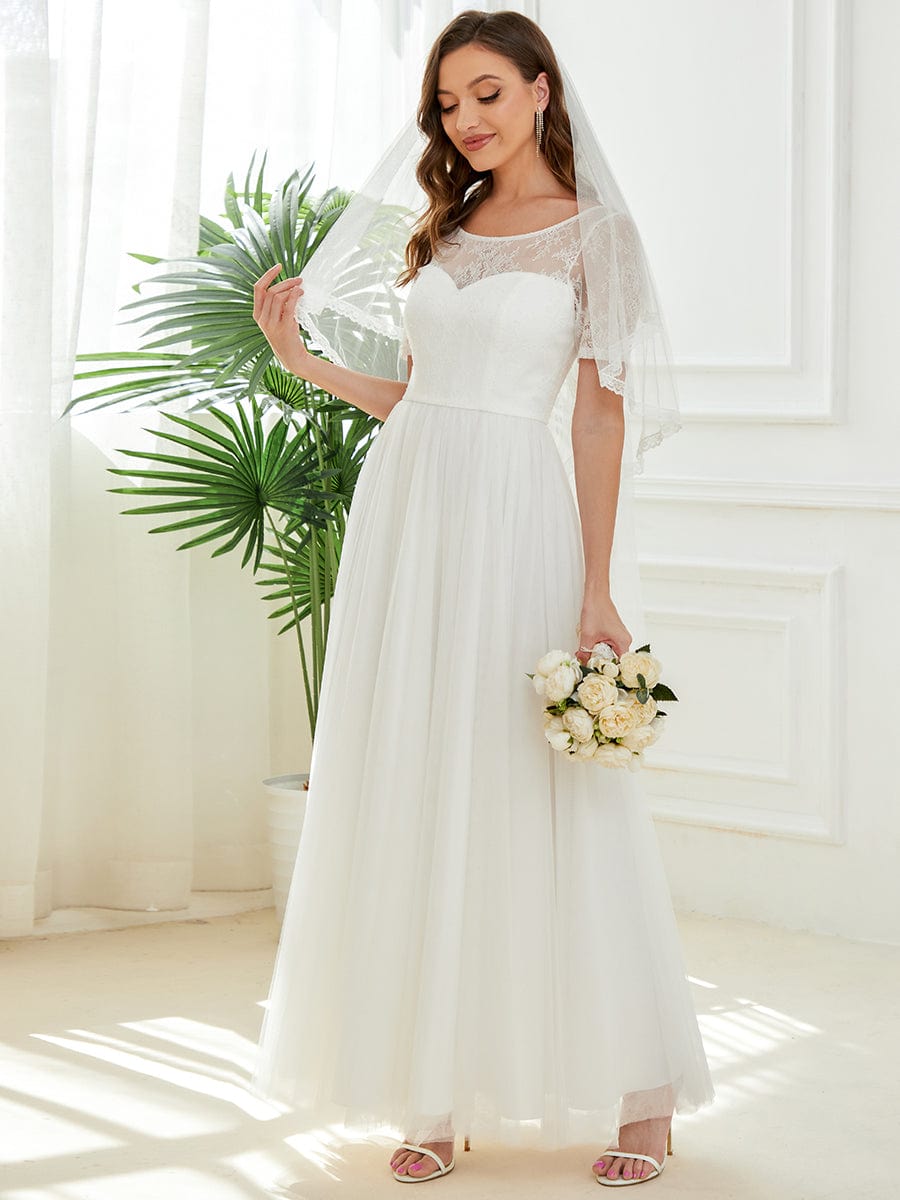 Short Sleeve Corset Lace-Up A-Line Wedding Dress #Color_White Short Sleeve Corset Lace-Up A-Line Wedding Dress