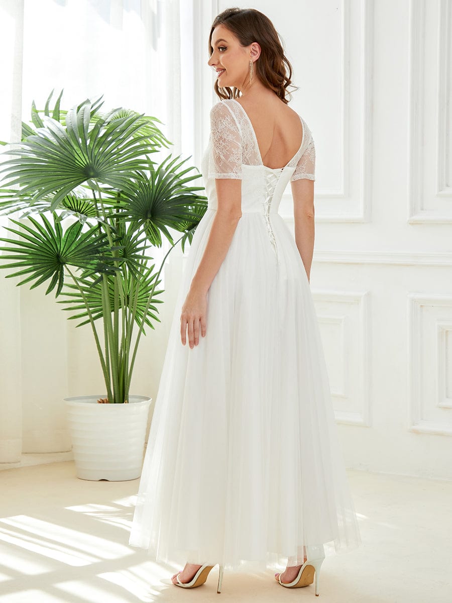 Short Sleeve Corset Lace-Up A-Line Wedding Dress #Color_White Short Sleeve Corset Lace-Up A-Line Wedding Dress
