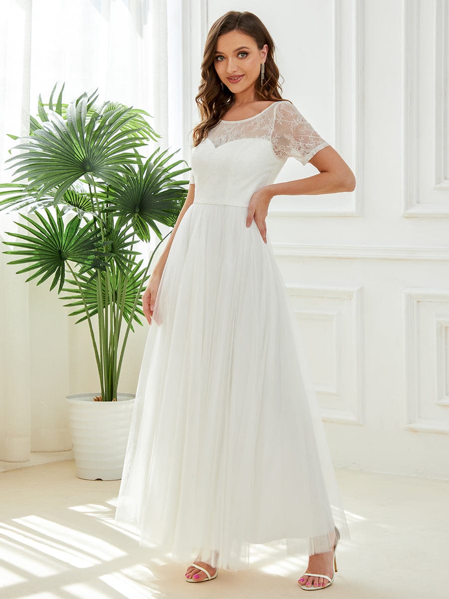 Short Sleeve Corset Lace-Up A-Line Wedding Dress #Color_White Short Sleeve Corset Lace-Up A-Line Wedding Dress