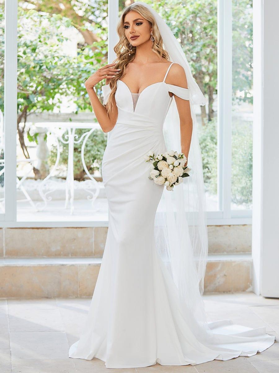 Spaghetti Strap Mermaid Pleated Deep V-Neck Wedding Dress #color_White Spaghetti Strap Mermaid Pleated Deep V-Neck Wedding Dress