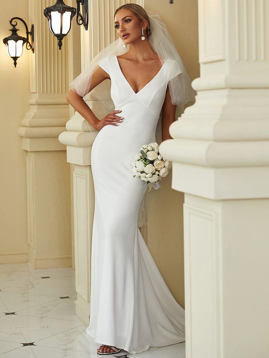 Cap Sleeve Deep V-Neck Backless Fishtail Wedding Dress #color_White Cap Sleeve Deep V-Neck Backless Fishtail Wedding Dress