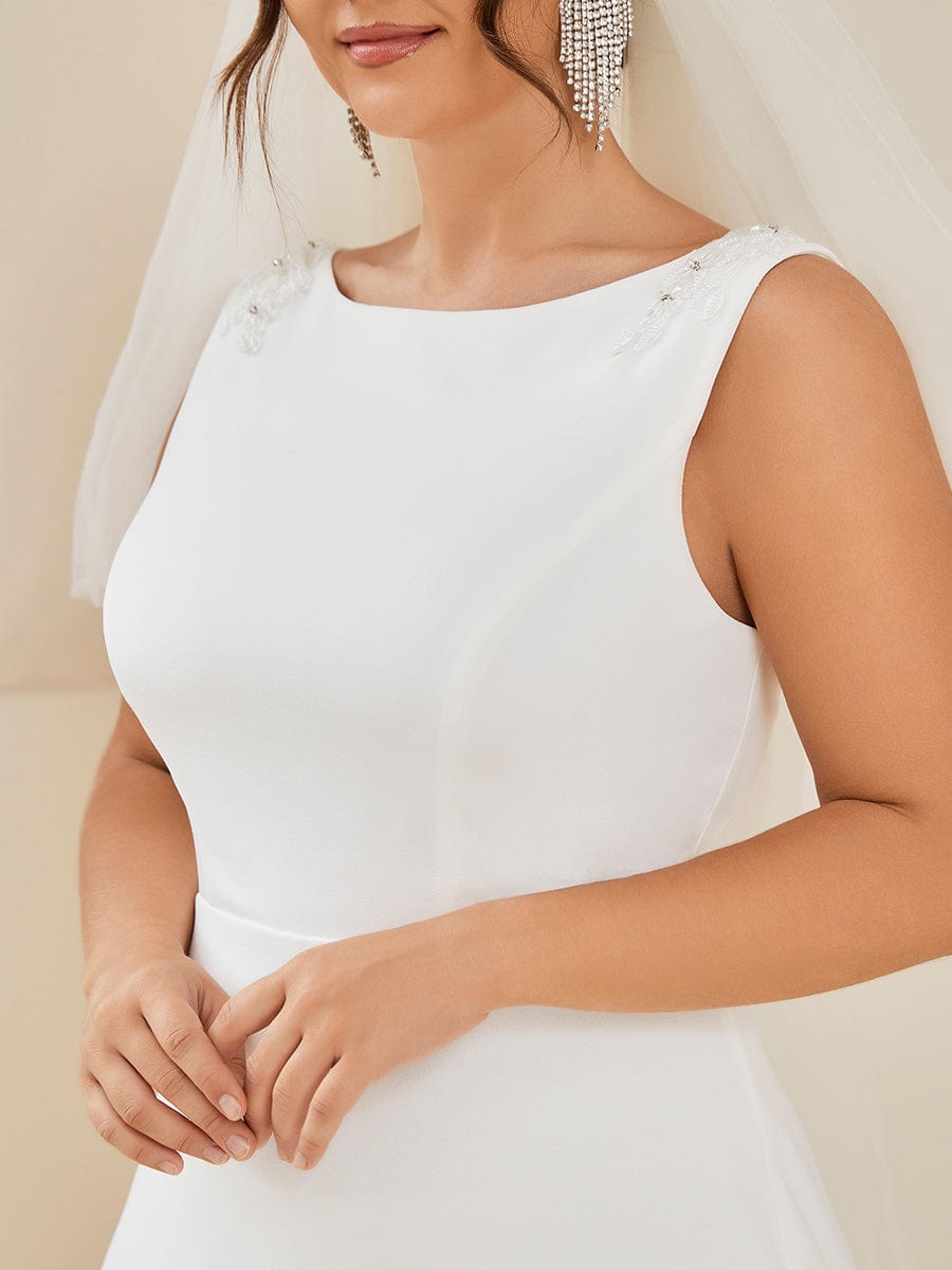 Plus Size Sleeveless Round Neck Bodycon Fishtail Wedding Dress #color_White Plus Size Sleeveless Round Neck Bodycon Fishtail Wedding Dress