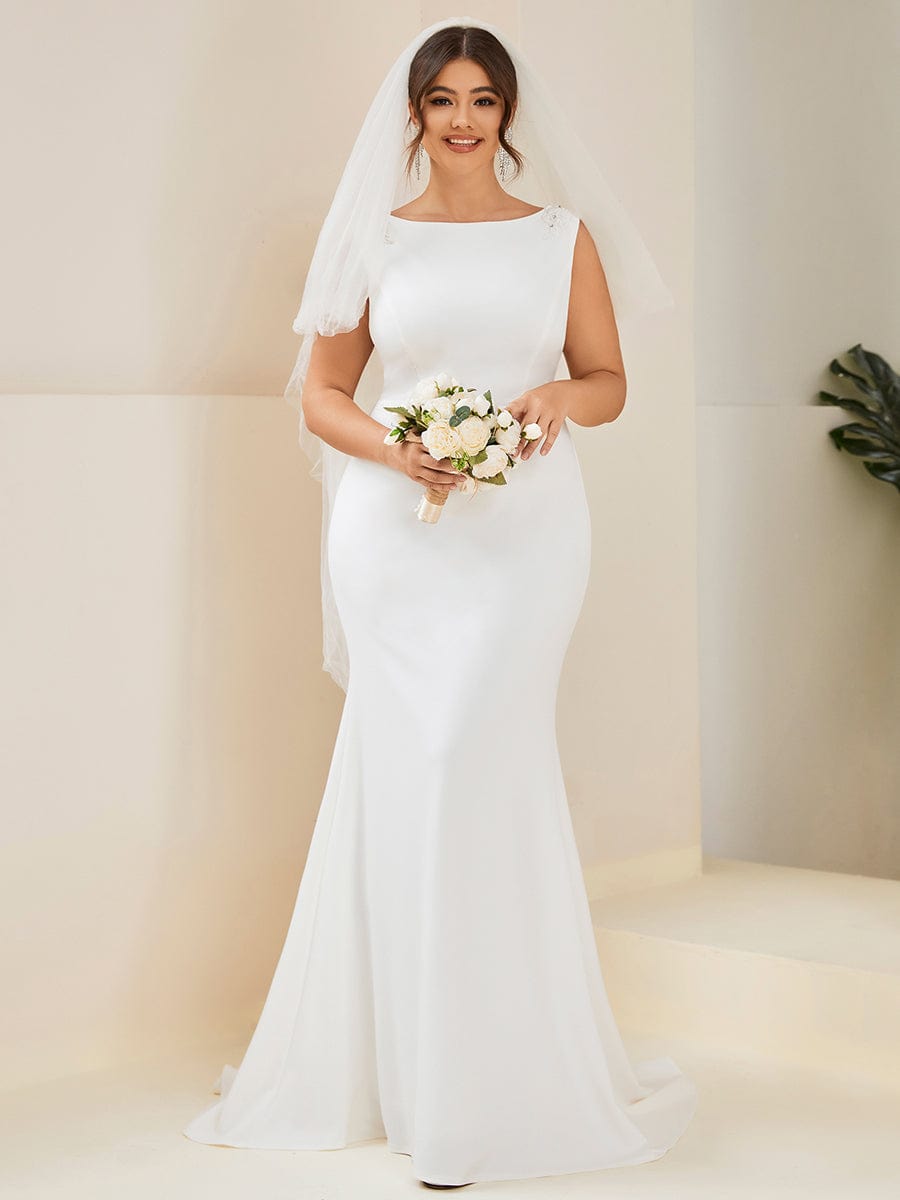 Plus Size Sleeveless Round Neck Bodycon Fishtail Wedding Dress #color_White Plus Size Sleeveless Round Neck Bodycon Fishtail Wedding Dress