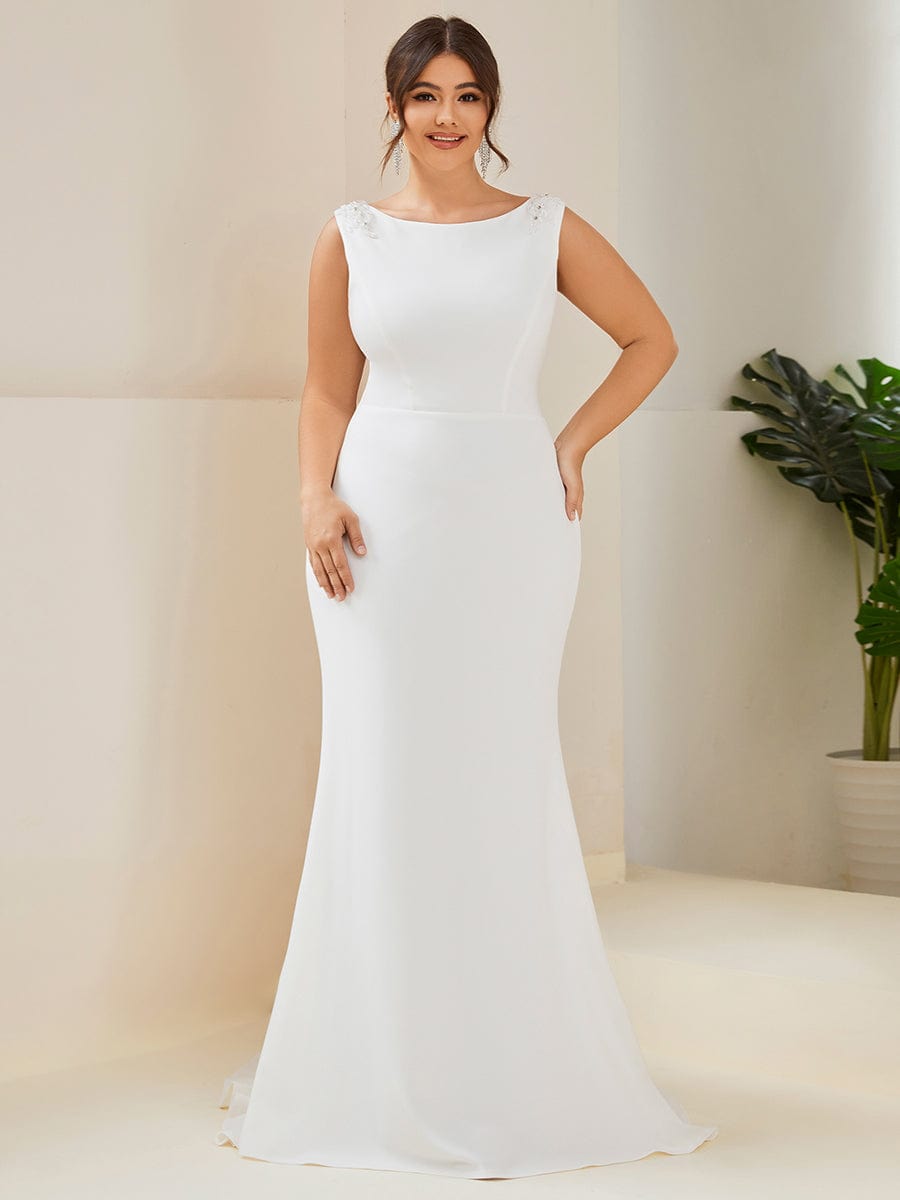 Plus Size Sleeveless Round Neck Bodycon Fishtail Wedding Dress #color_White Plus Size Sleeveless Round Neck Bodycon Fishtail Wedding Dress