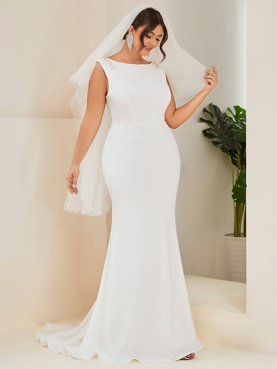 Plus Size Sleeveless Round Neck Bodycon Fishtail Wedding Dress #color_White Plus Size Sleeveless Round Neck Bodycon Fishtail Wedding Dress