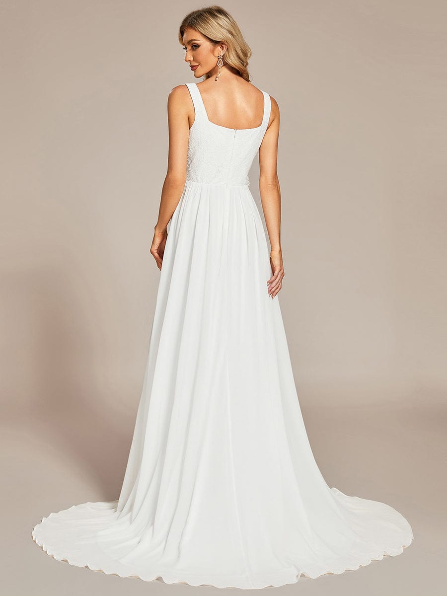 Minimalist Square Neckline High Slit Wedding Dress with Lace Applique #color_White Minimalist Square Neckline High Slit Wedding Dress with Lace Applique