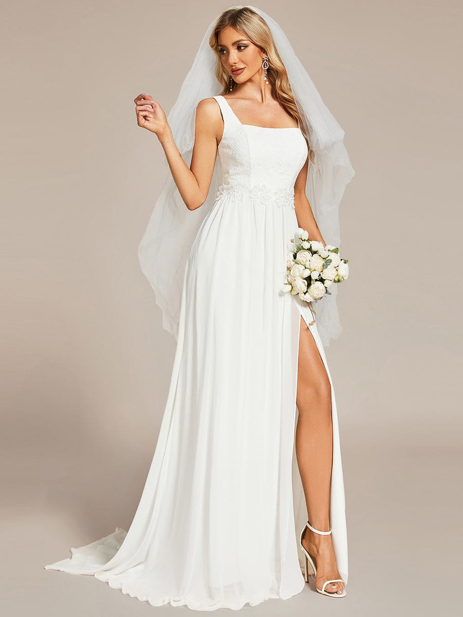 Minimalist Square Neckline High Slit Wedding Dress with Lace Applique #color_White Minimalist Square Neckline High Slit Wedding Dress with Lace Applique