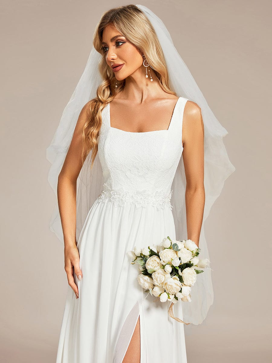 Minimalist Square Neckline High Slit Wedding Dress with Lace Applique #color_White Minimalist Square Neckline High Slit Wedding Dress with Lace Applique