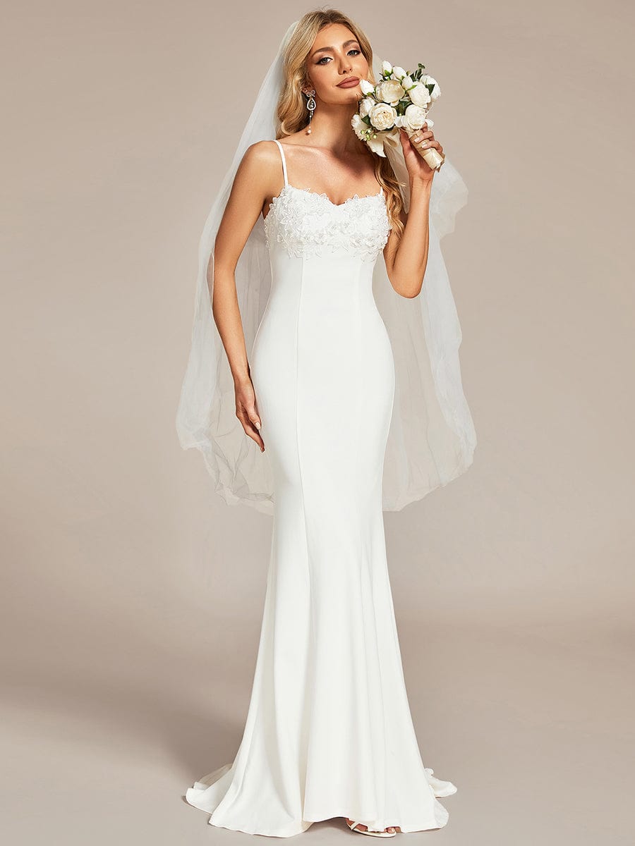 Lace Floral Applique Spaghetti Straps Mermaid Wedding Dress #color_White Lace Floral Applique Spaghetti Straps Mermaid Wedding Dress