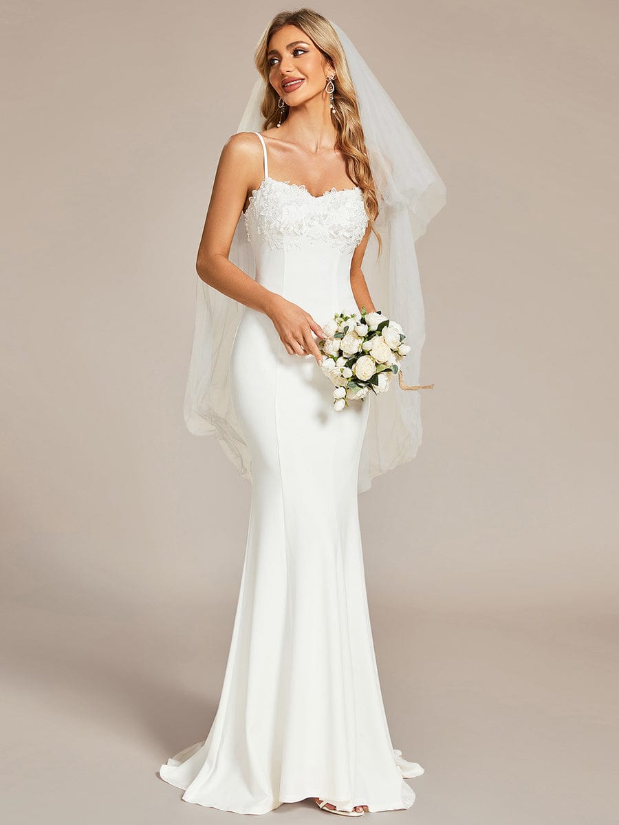 Lace Floral Applique Spaghetti Straps Mermaid Wedding Dress #color_White Lace Floral Applique Spaghetti Straps Mermaid Wedding Dress