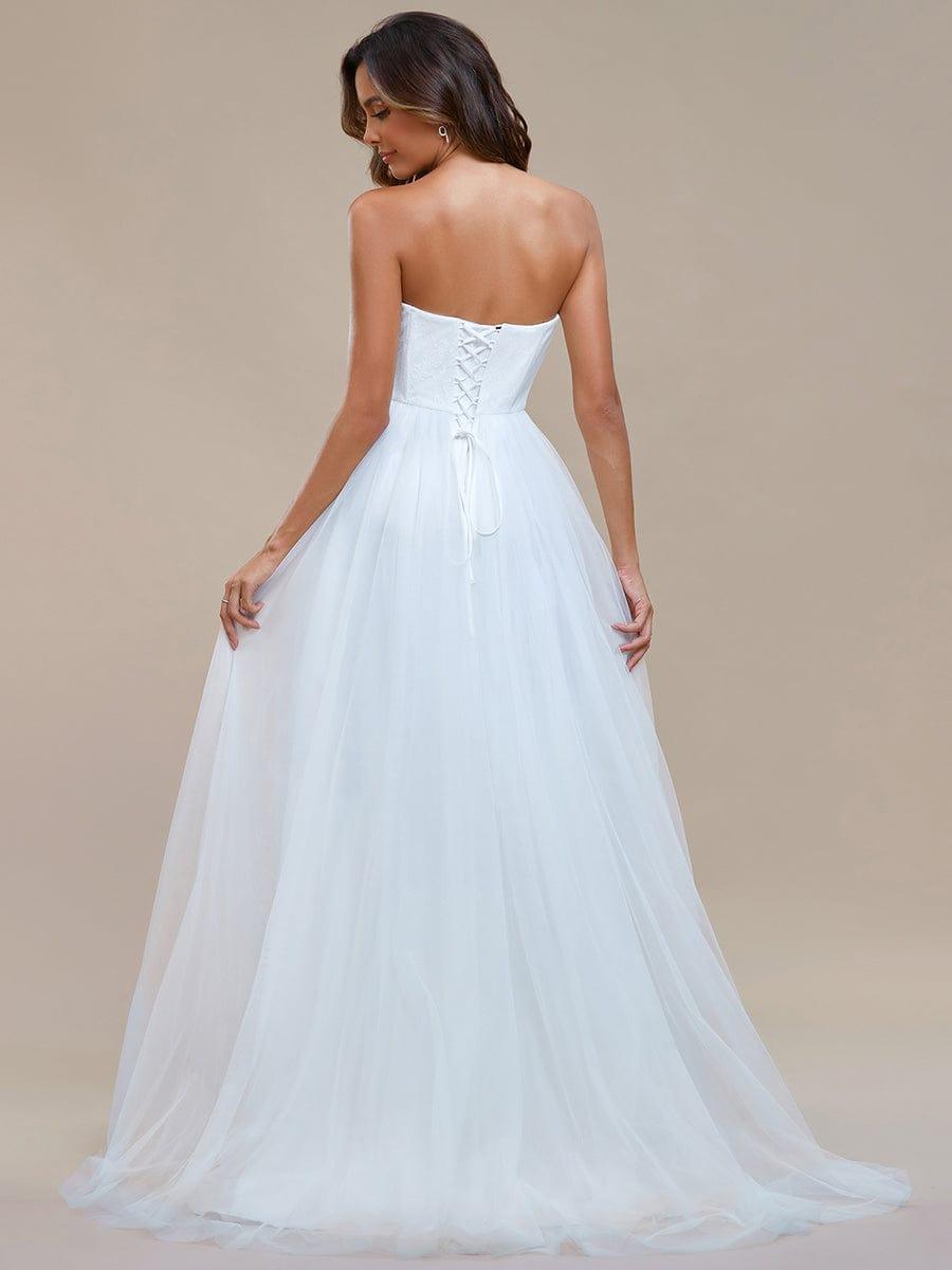 Romantic Back-laced Adjustable Strapless A-Line Tulle Wedding Dress #color_White Romantic Back-laced Adjustable Strapless A-Line Tulle Wedding Dress